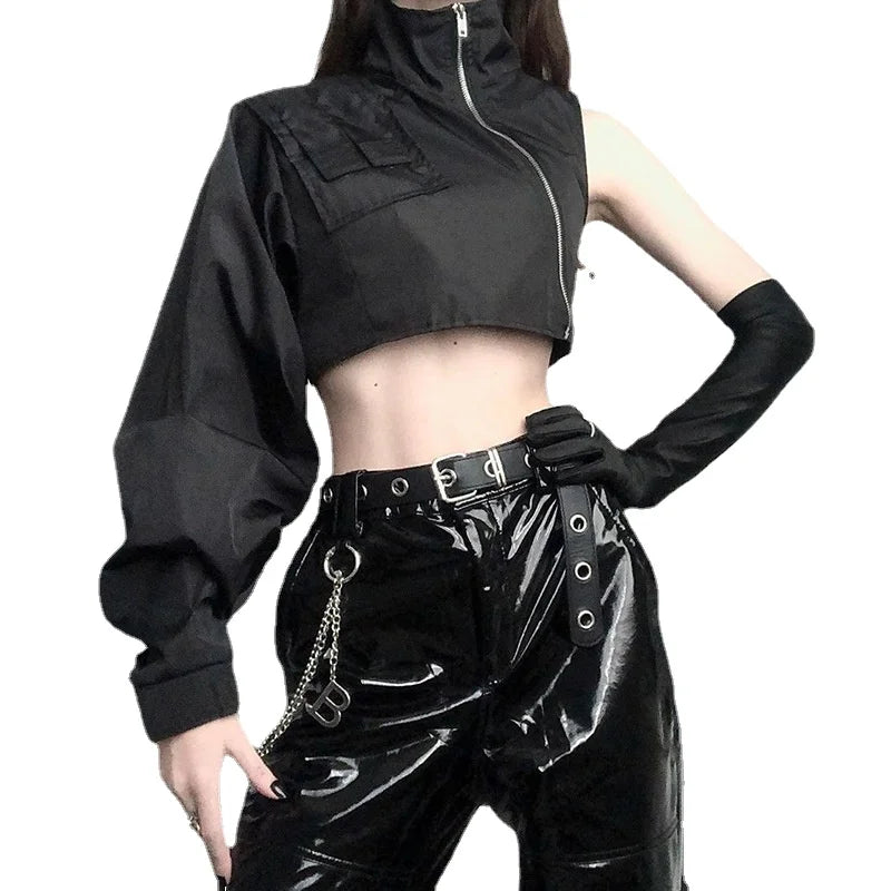 Zip Up Crop Tops Black One Shoulder