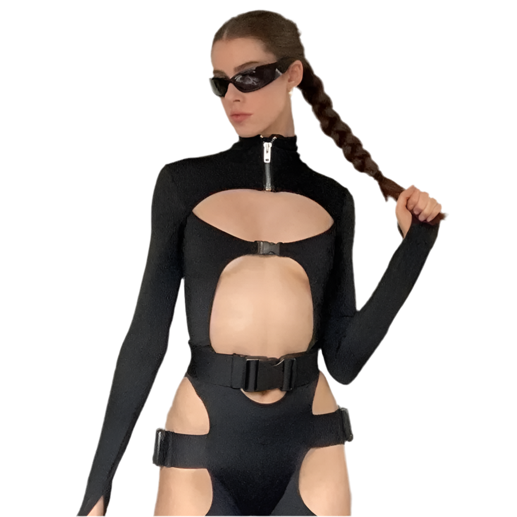 Bodysuit long sleeve black cut out