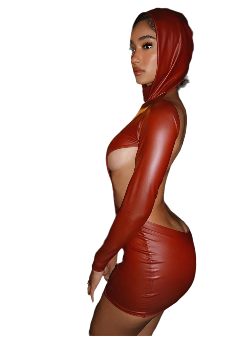 Sexy Open Back Leather Hooded Tight Dress