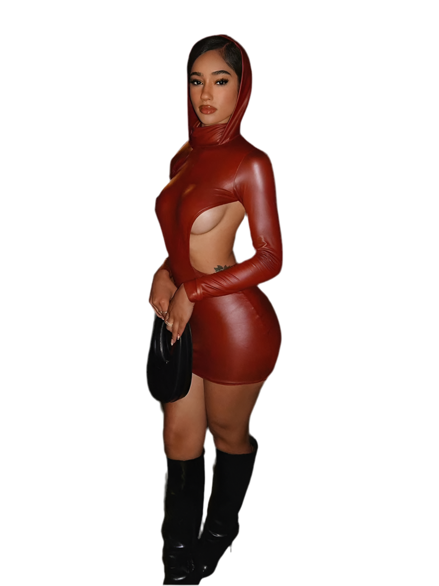 Sexy Open Back Leather Hooded Tight Dress