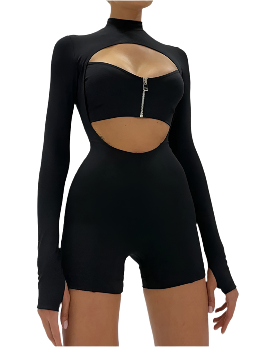 Zip Cut Out Long Sleeve Jumpsuit Black