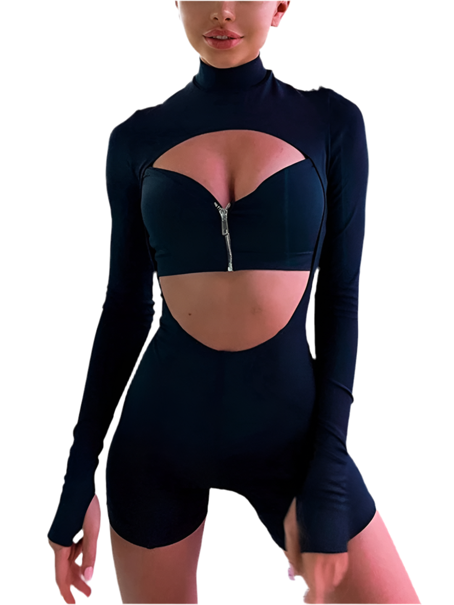 Zip Cut Out Long Sleeve Jumpsuit Black