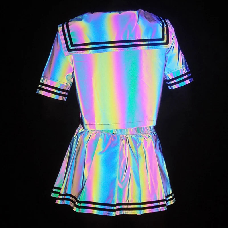 Colorful Reflective Sexy Shirt & Pleated Skirt Set