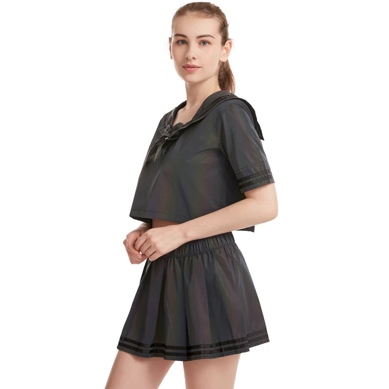 Colorful Reflective Sexy Shirt & Pleated Skirt Set