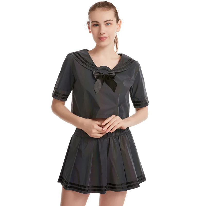 Colorful Reflective Sexy Shirt & Pleated Skirt Set