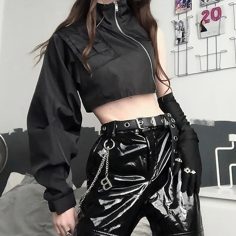 Zip Up Crop Tops  Black  One Shoulder