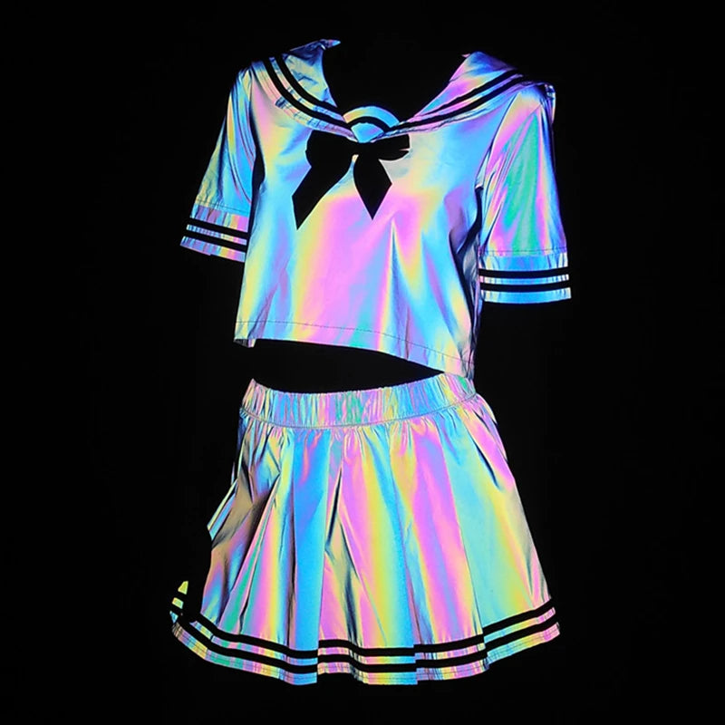 Colorful Reflective Sexy Shirt & Pleated Skirt Set