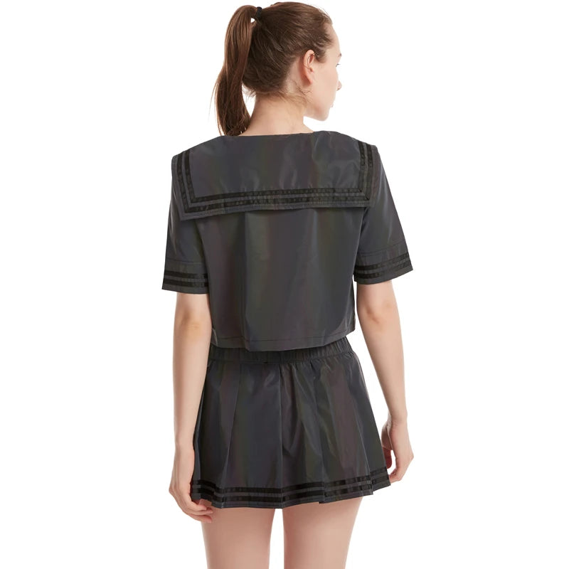 Colorful Reflective Sexy Shirt & Pleated Skirt Set