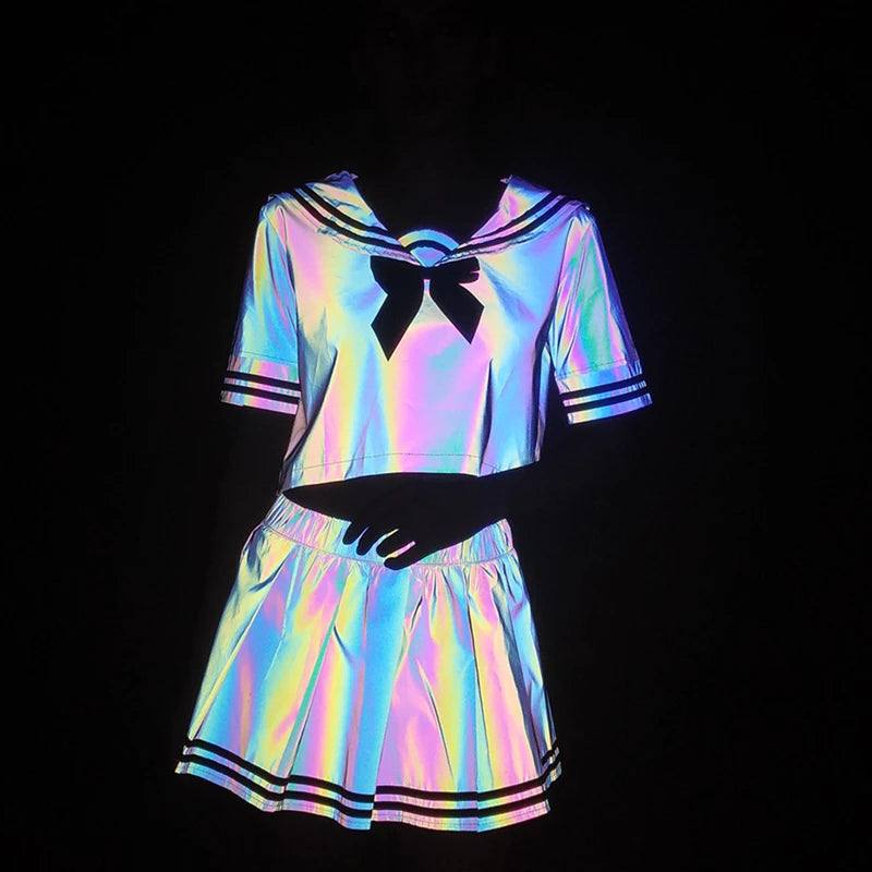 Colorful Reflective Sexy Shirt & Pleated Skirt Set