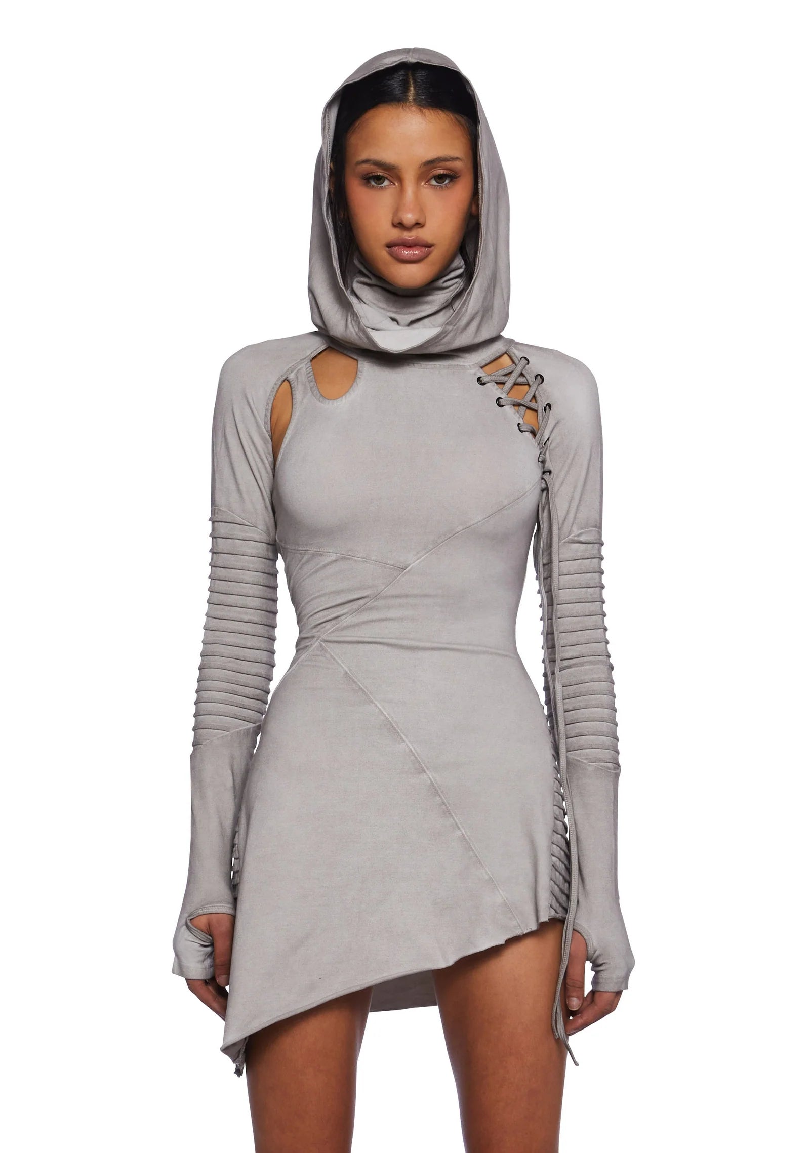 Asymmetrical hooded mini dress