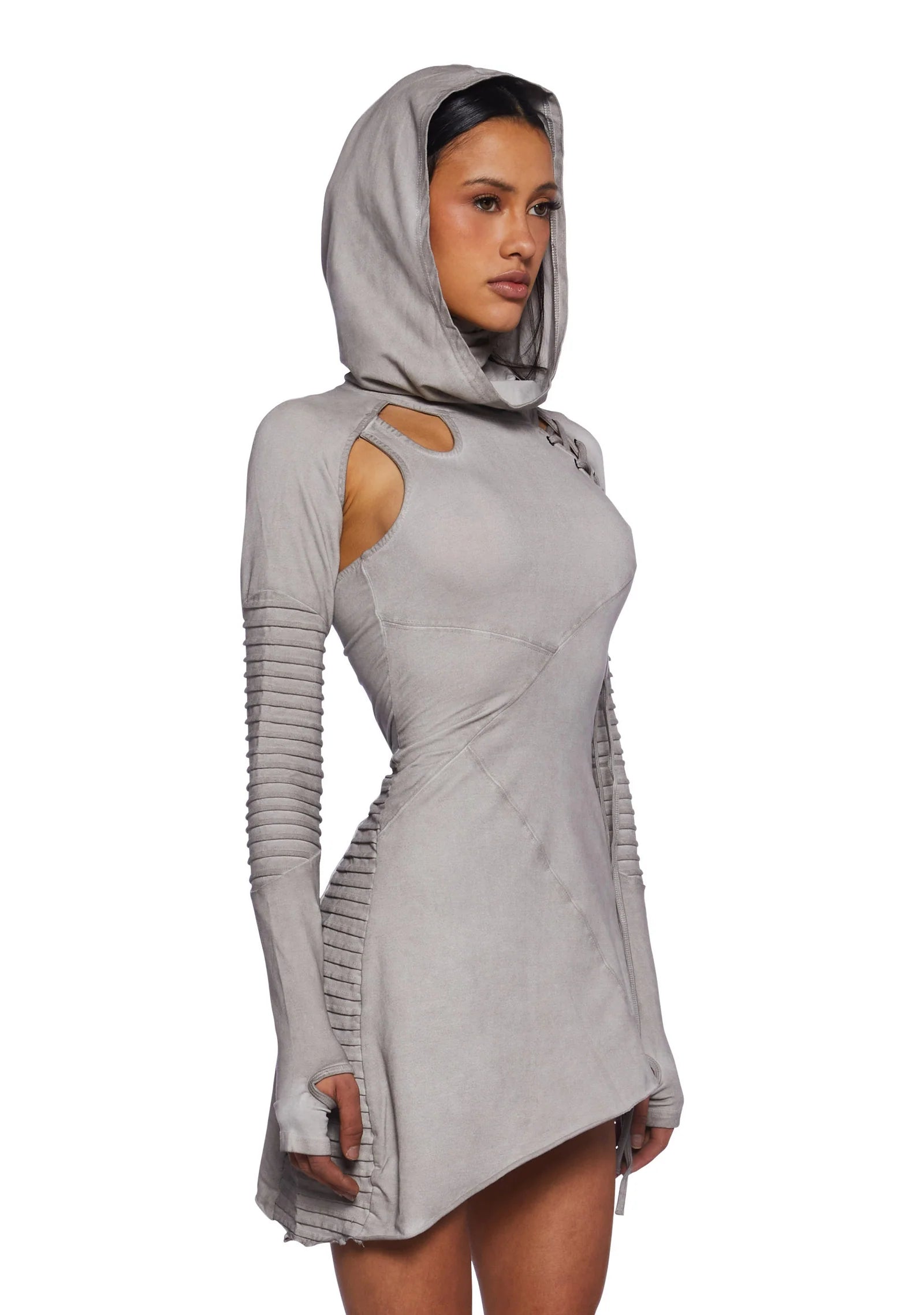 Asymmetrical hooded mini dress