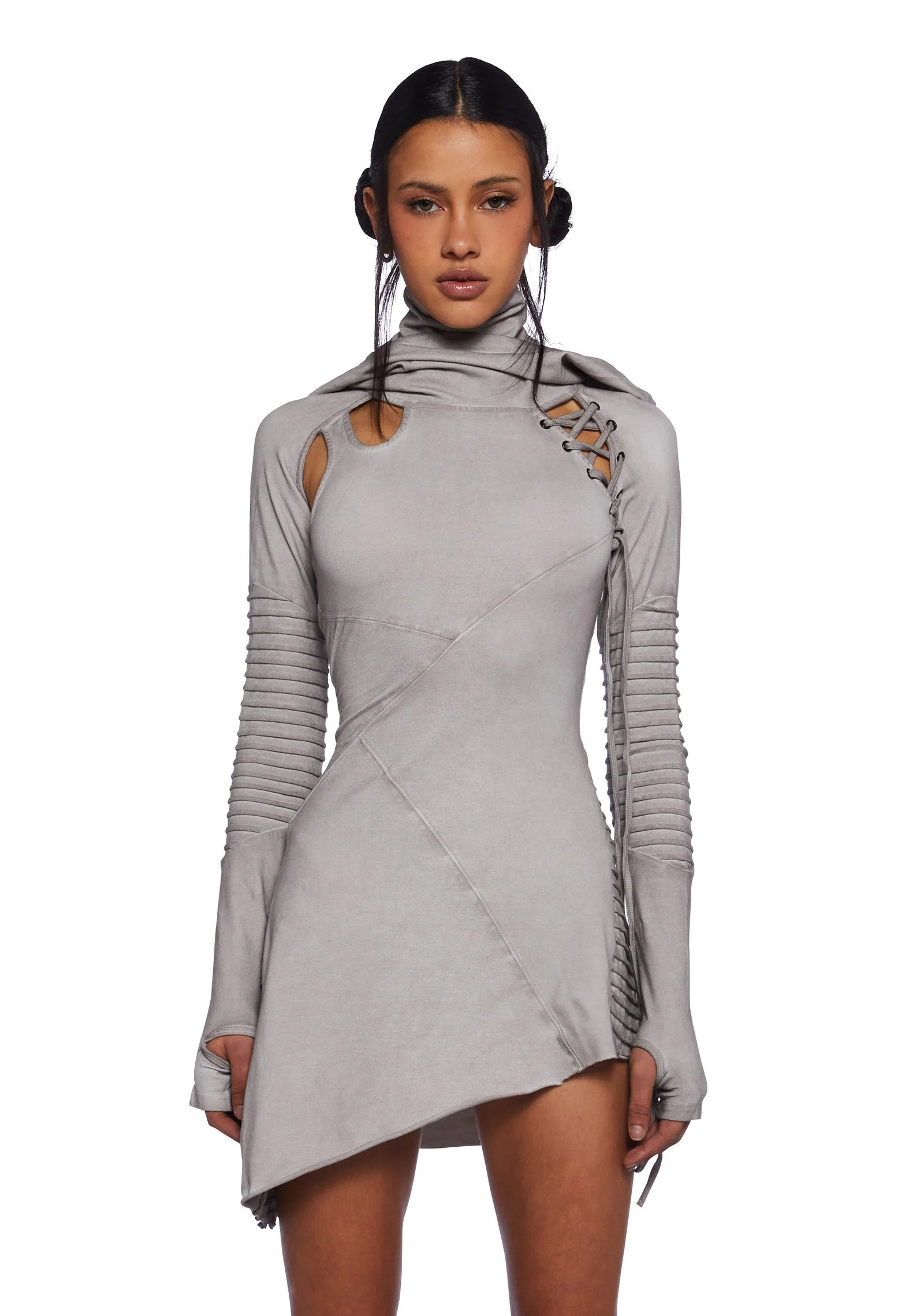 Asymmetrical hooded mini dress