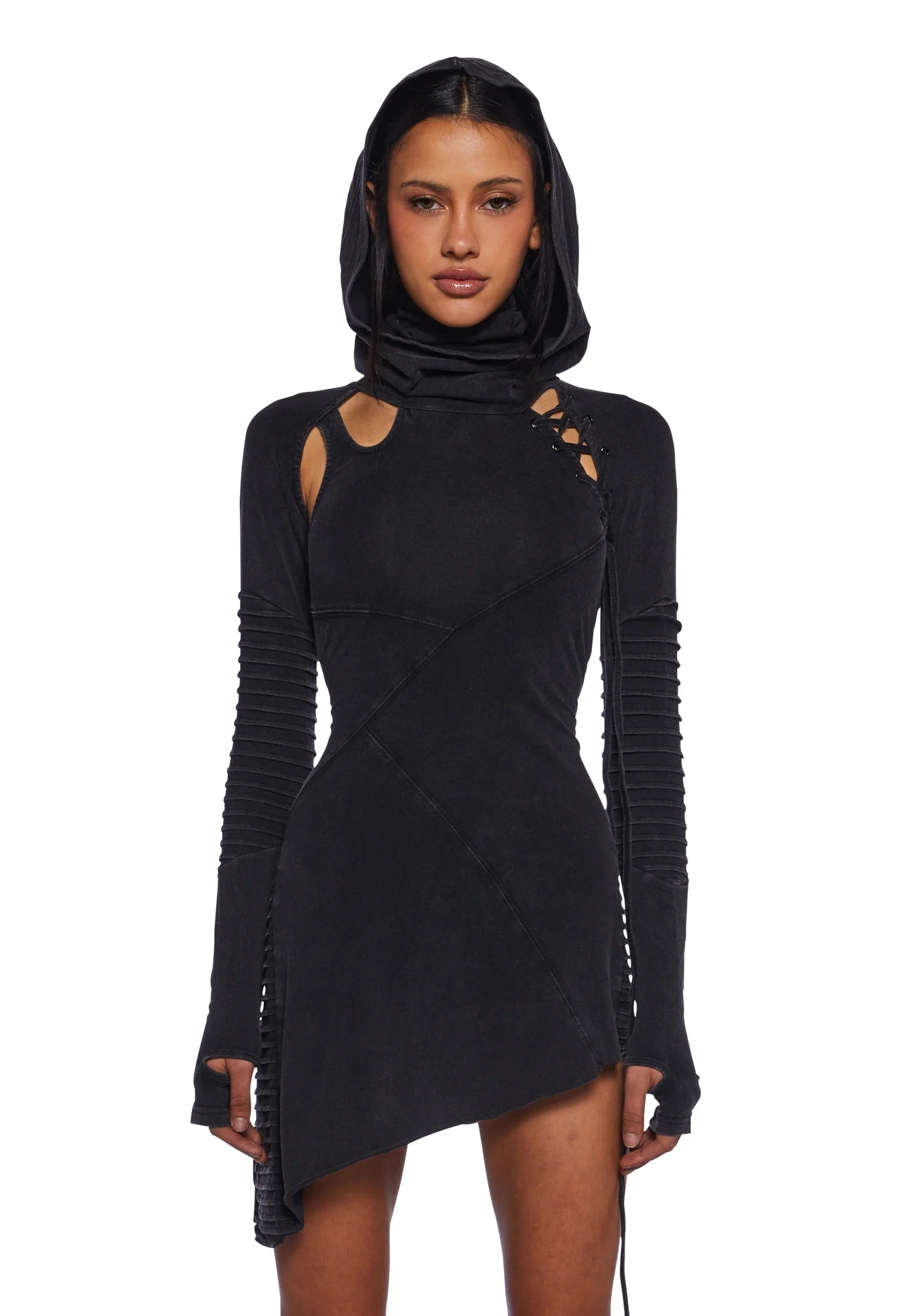 Asymmetrical hooded mini dress