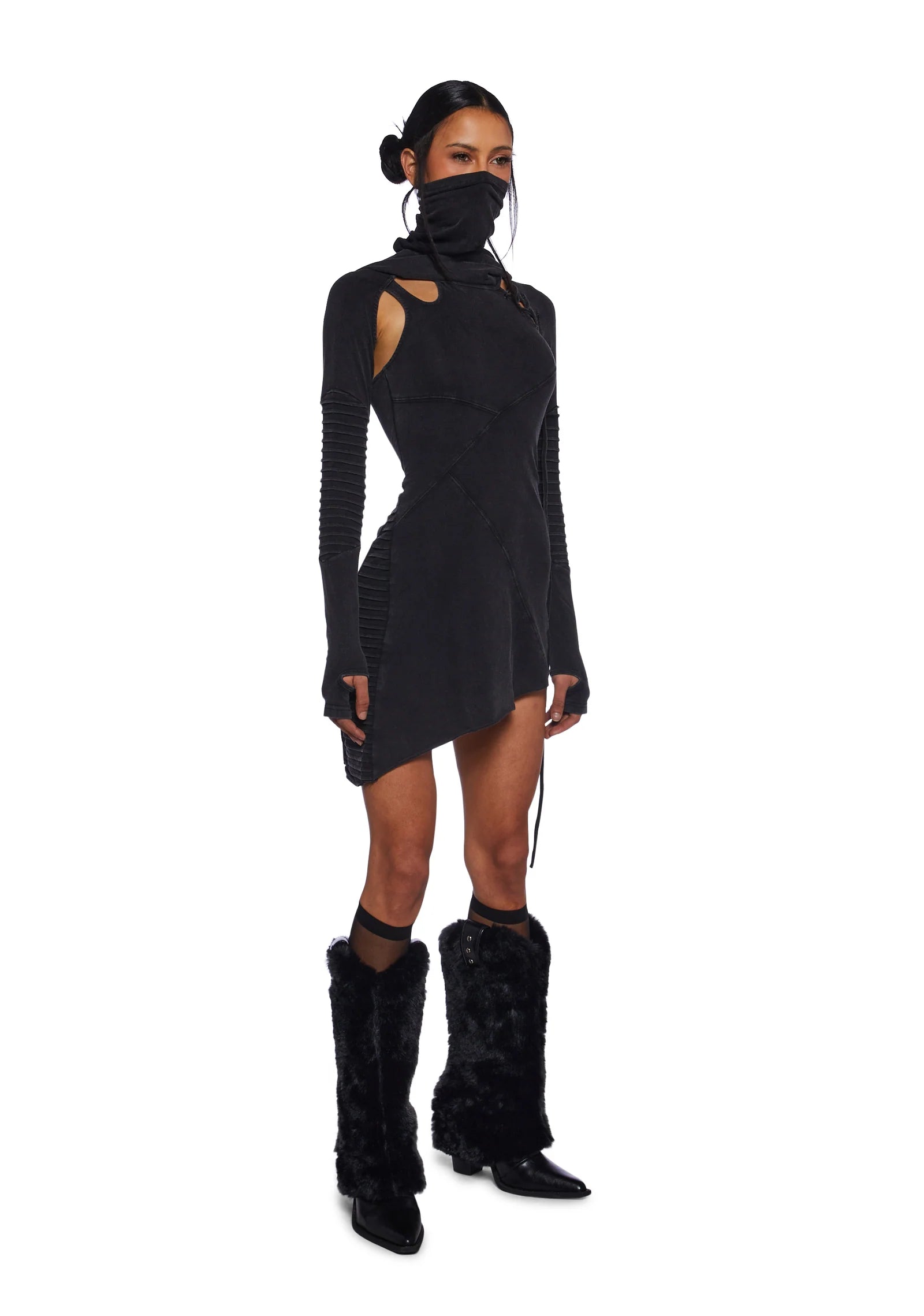 Asymmetrical hooded mini dress