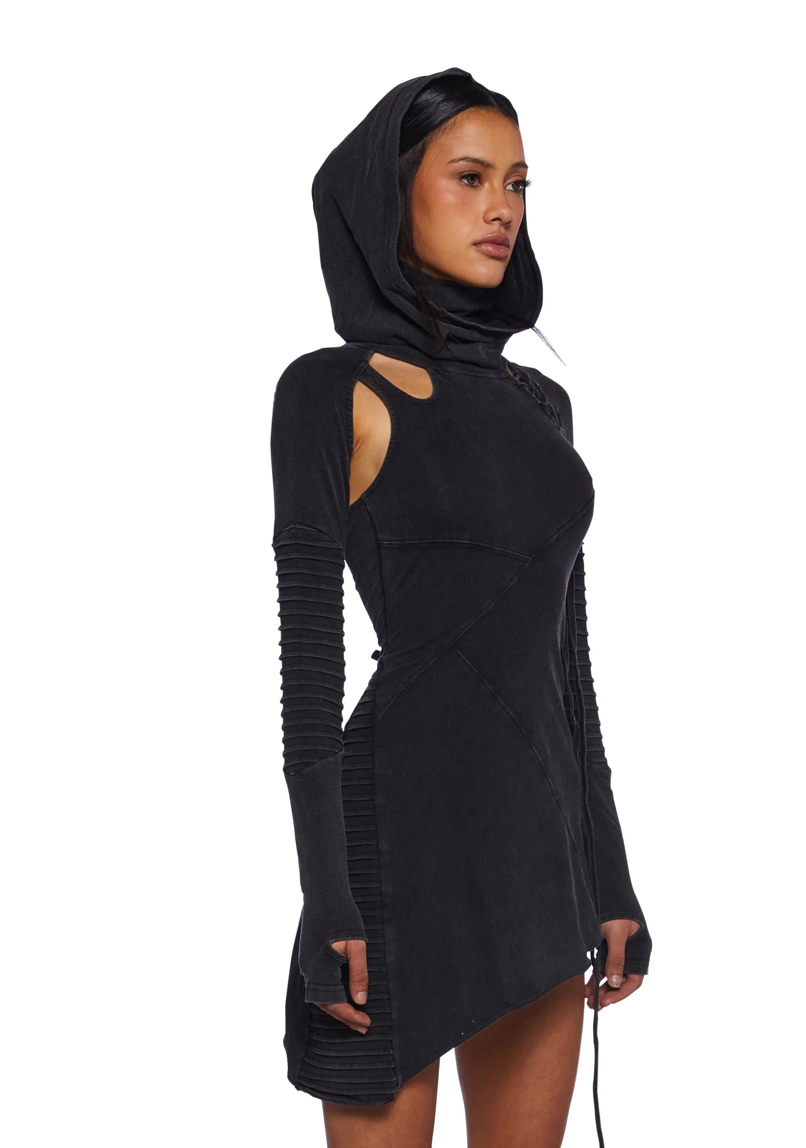 Asymmetrical hooded mini dress