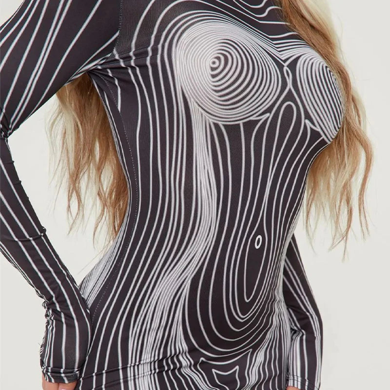 Abstract Striped Long-sleeved Slim Dress