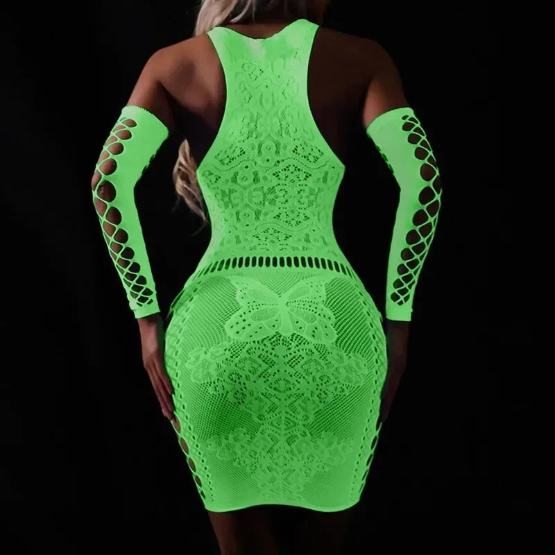 Fishing Net Transparent Women's Sexy Two Piece Set Fluorescent