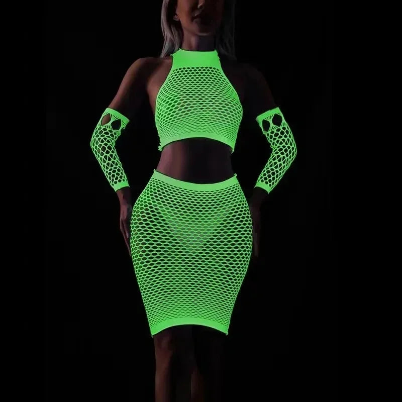 Fishing Net Transparent Women's Sexy Two Piece Set Fluorescent