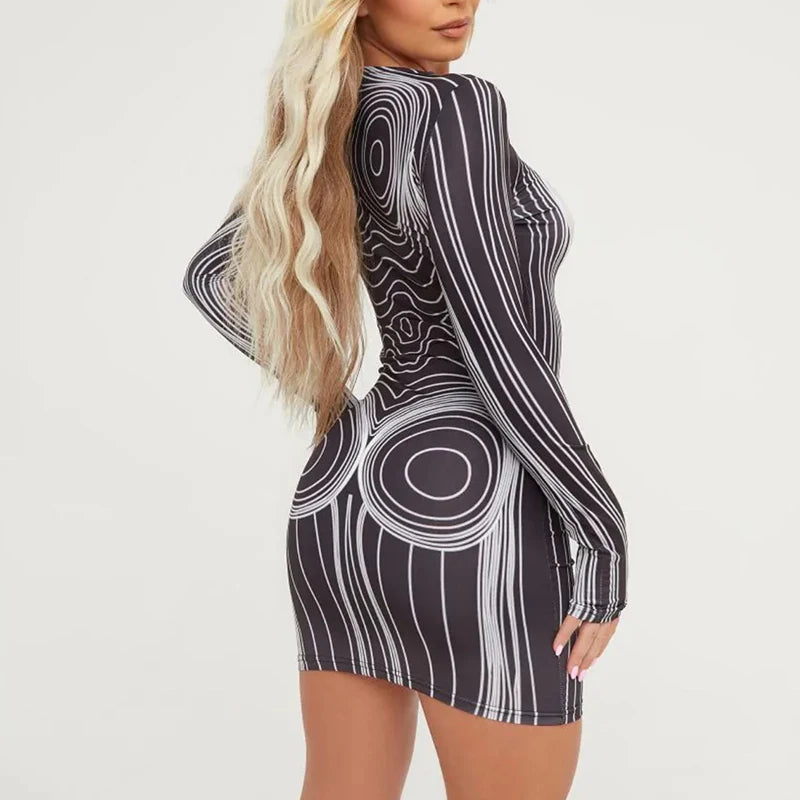 Abstract Striped Long-sleeved Slim Dress