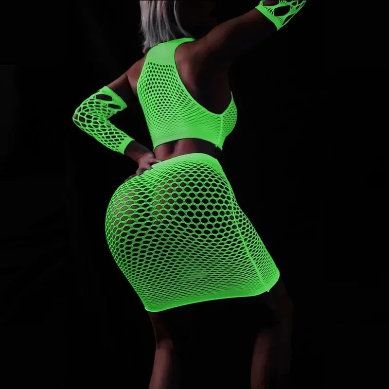 Fishing Net Transparent Women's Sexy Two Piece Set Fluorescent