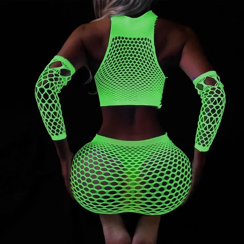 Fishing Net Transparent Women's Sexy Two Piece Set Fluorescent