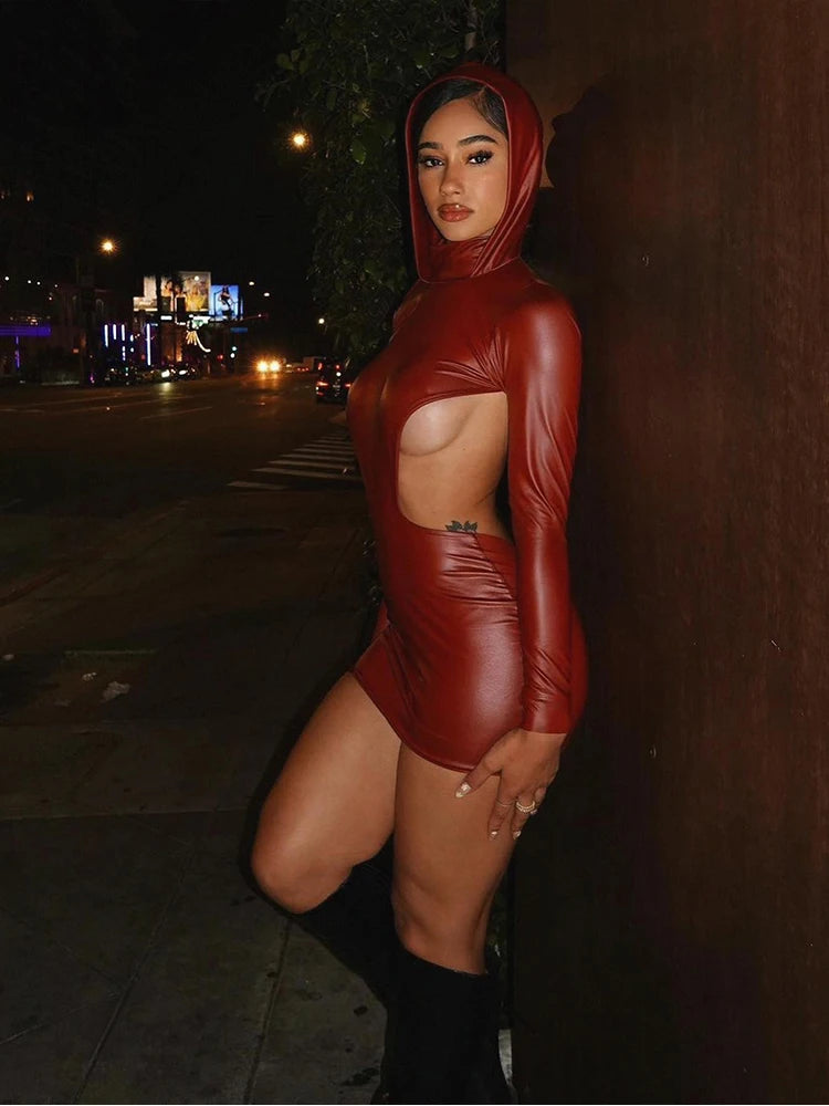 Sexy Open Back Leather Hooded Tight Dress