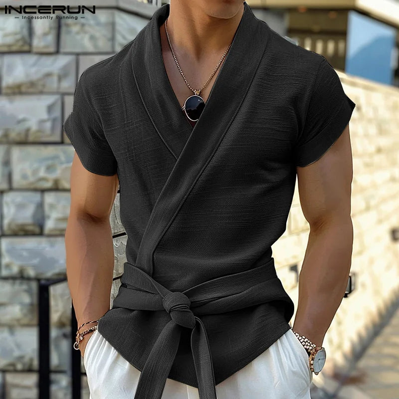 Men V Neck Short Sleeve T Shirt kimono